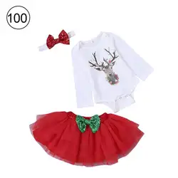 Рождественская одежда с принтом оленя для маленьких девочек, комплект из трех предметов, топ, головной убор, красная сетчатая юбка