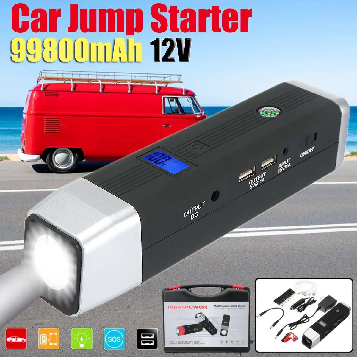 

99800mAh Power Car Jump Starter 12V 600A Peaks Portable Starting Device Power Bank Car Charger For Car Battery Booster 2 USB
