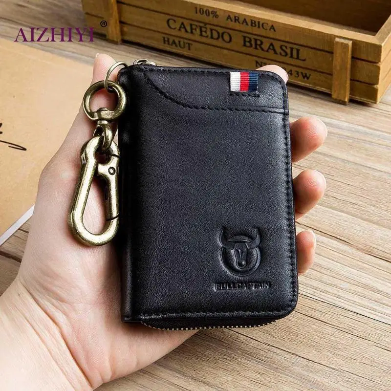

BULLCAPTAIN Card Holder Bags Keychain Men Soft Leather Coin Purse Business Zipper Wallet Casual Short Clutch Billetera de hombre