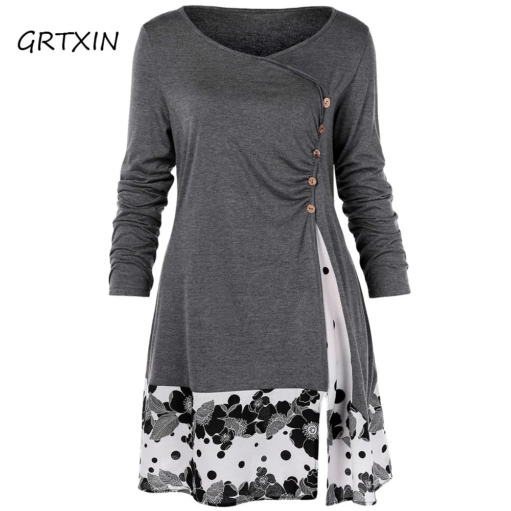 

Plus Size 5XL Draped Floral Long Tunic Shirts Long Sleeve O-Neck Buttons Embellished Women Blouse Casual Autumn Tops Tee