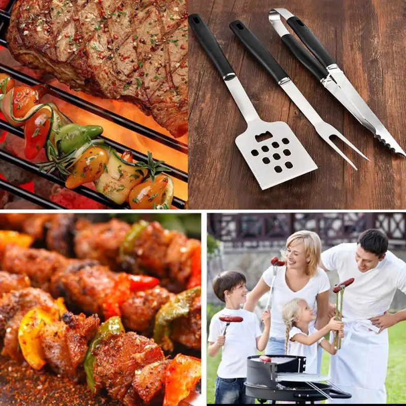 3 unids/set herramienta de barbacoa de Picnic al aire libre de acero inoxidable pala tenedor y abrazadera adecuado para ir de Picnic Camping barbacoas herramienta de barbacoa
