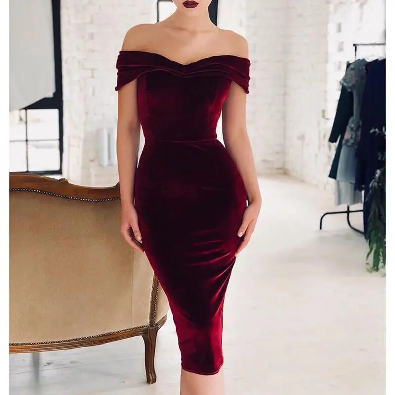 

Sexy Sleeveless Slash Neck Bodycon Midi Nightclub Dress Women Velvet Off Shoulder Pencil Party Dresses Femme Vestidos SJ1466C