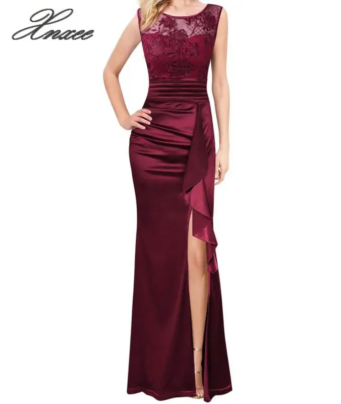 

Summer Dress Women 2019 Sexy Split Hollow Out Lace Dress Elegant Embroidery Long Party Dress Black 2XL