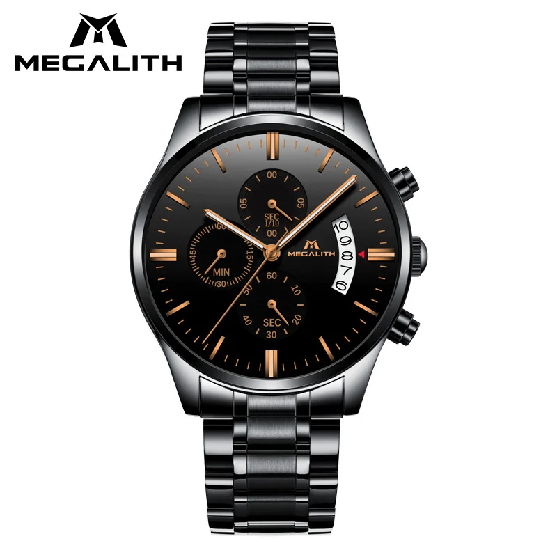 

MEGALITH Luxury Men's Watch Waterproof Chronogra Date Quartz Wrist Watch Stainless Steel Black Gold Watch Men Relogio Masculino