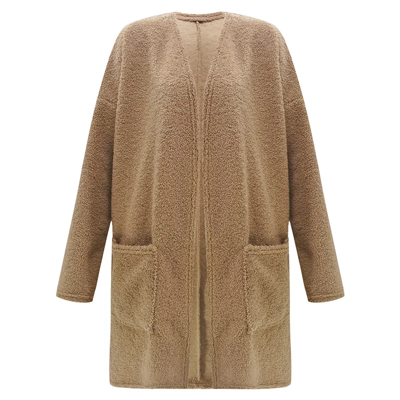 

Women Knitted Cardigan Faux Fur Fleece Solid Color Open Front Long Sleeve Pocket Sweater Coat Loose Casual Autumn Long Outerwear