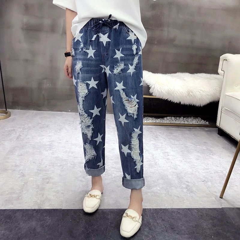 

2018 New Fashion Women Jeans Ankle Length Pants Loose Stars High Waist for Female Wide Leg Trousers