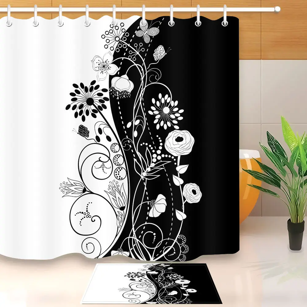 Black and white dog Shower Curtain Bathroom Decor Waterproof Fabric /& 12hooks