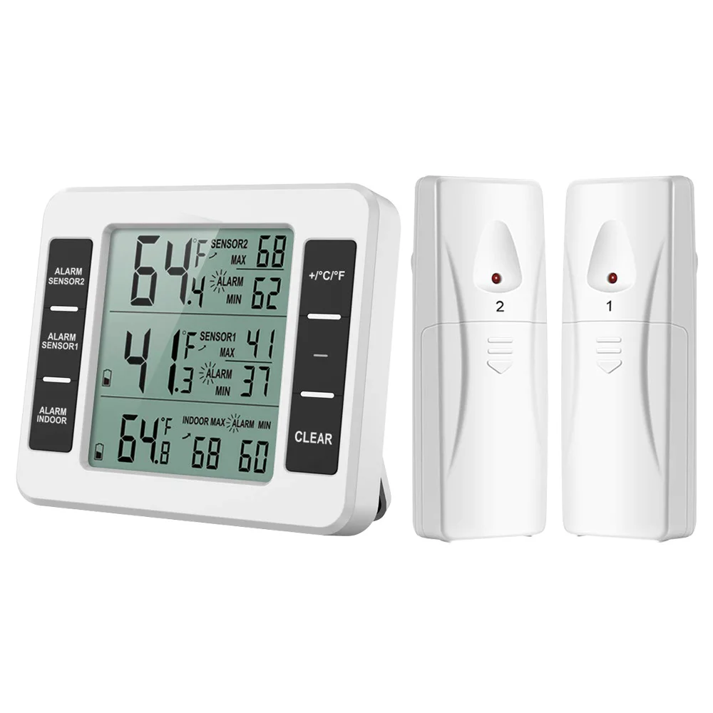 

Wireless Digital Audible Alarm Refrigerator Thermometer with 2PCS Sensor Min/Max Display Indoor Outdoor Thermometer
