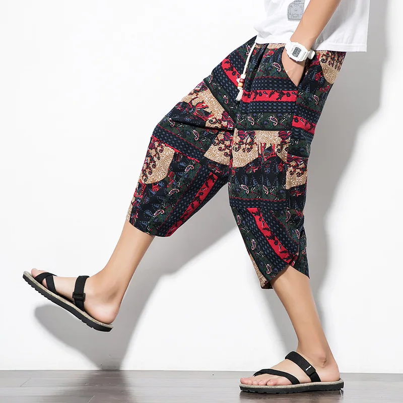 

#4581 Casual Vintage Cotton Linen Harem Pants Men Summer 2019 Male Japanese Streetwewar 3D Floral Print Trousers Plus Size 5XL