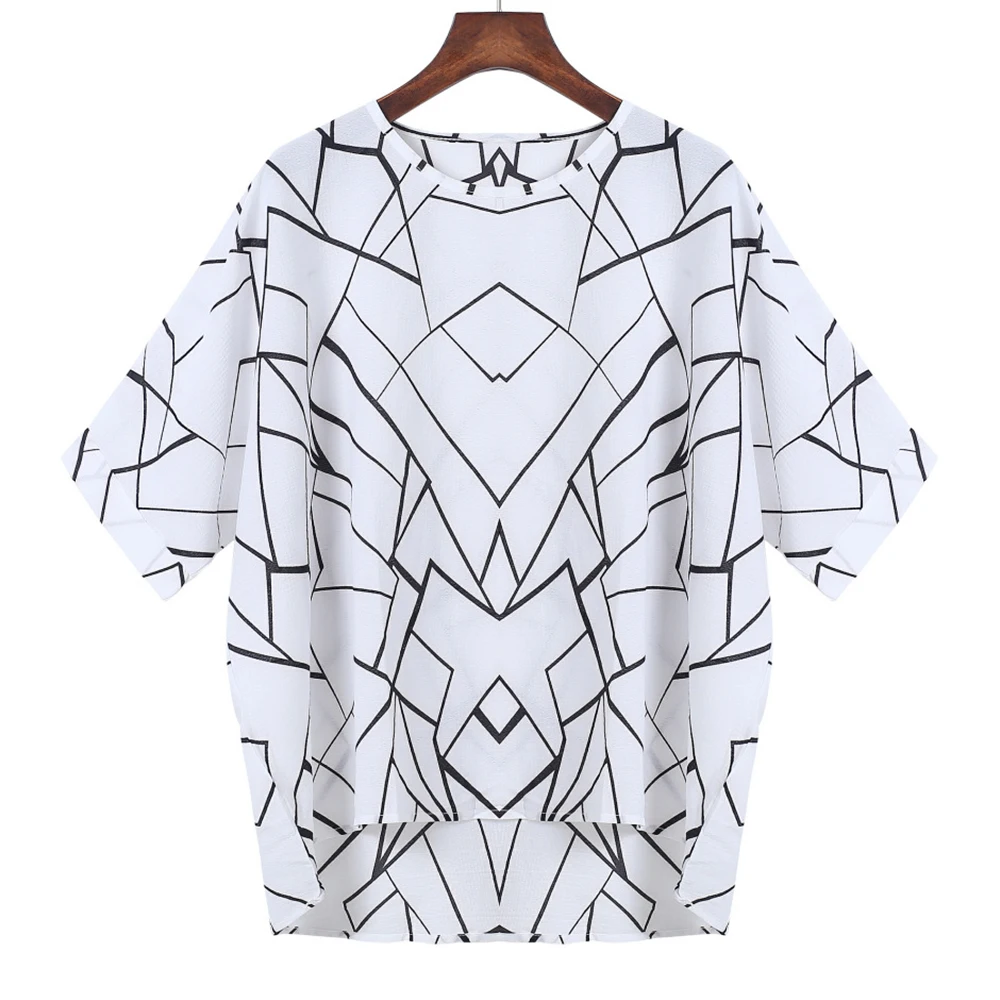 

Joineles Plus Size Geometric Print Women T-Shirts Summer Casual O-Neck Short Sleeve Asymmetrical T Shirt Female Tops Cotton 5XL