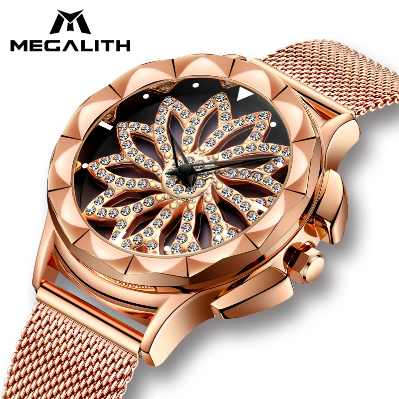

MEGALITH Luxury Diamond Rotating Dial Watch Women Waterproof Analogue Steel Mesh Elegant Quartz Wrist Watch Ladies Clock