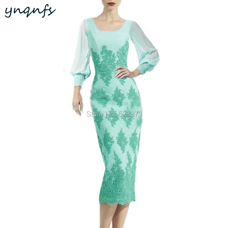 YNQNFS M144 Vierkante Hals Lange Mouwen Schede Thee Lengte Turquoise Moeder van Bruid Lace Jurken voor Wedding Party Gown 2019 YNQNFS M144 Vierkante Hals Lange Mouwen Schede Thee Lengte Turquoise Moeder van Bruid Lace Jurken voor Wedding Party Gown 2019