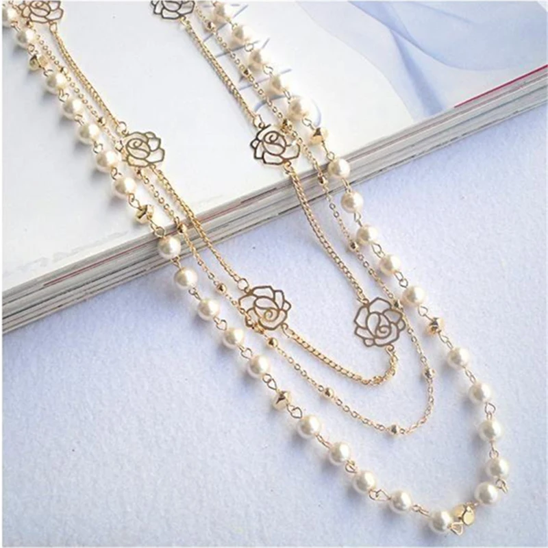 

2019 Hot Fashion Multilayer Necklace Rose Copper Beads Chain Long Statement Beaded Strand Necklaces Women Sweater Chain Jewelry