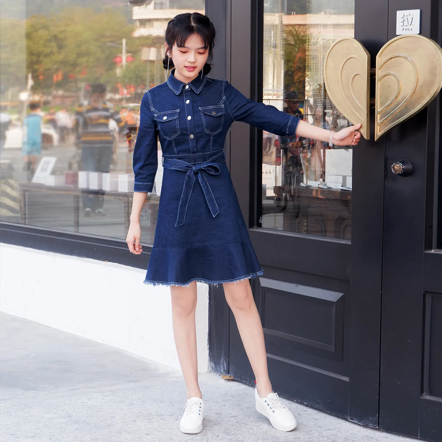 

2019 spring and summer student dress lapel high waist denim dress women slim denim dress for girl 009-1