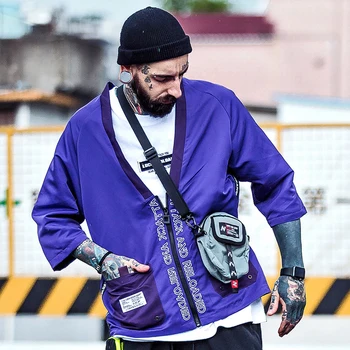 

#4203 High Street Black/Purple Japan Kimono Jackets Men Half Sleeve V Neck Kimono Outerwear Harajuku Hip Hop Windbreaker Jacket