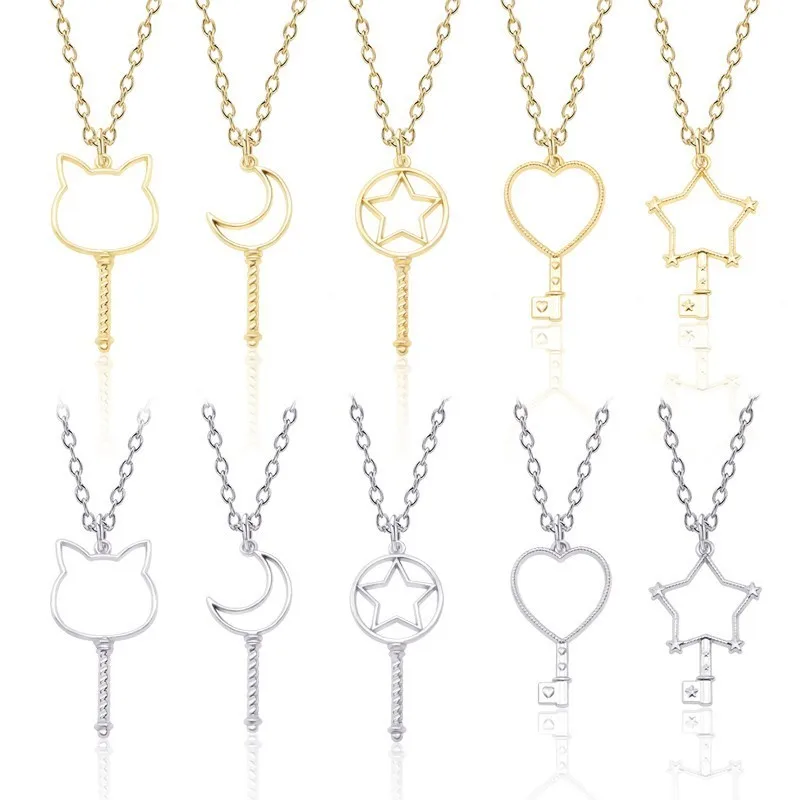 

Anime Cardcaptor Sakura Sailor Moon Necklace Women Gold Silver Metal Hollow Out Star Moon Cat Key Heart Necklace Jewelry Colar