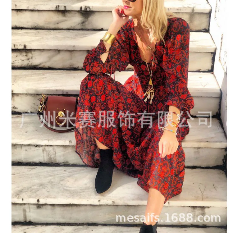 

Fashion Long Sleeve Bohemian Maxi Dresses for Women Print Office Lady Summer Beach Dresses V Neck Vestidos