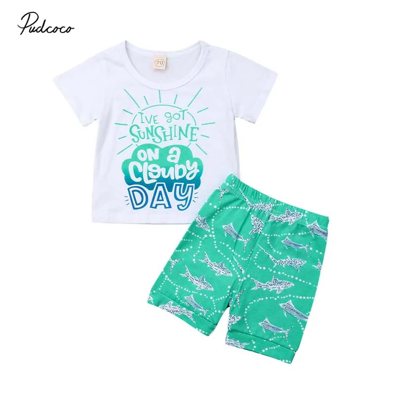 

2019 Brand Toddler Kid Baby Boy Clothes Beachwear 2Pcs Short Sleeve Top T-Shirt Shark Shorts Beach Outfit Set Holiday Clothing
