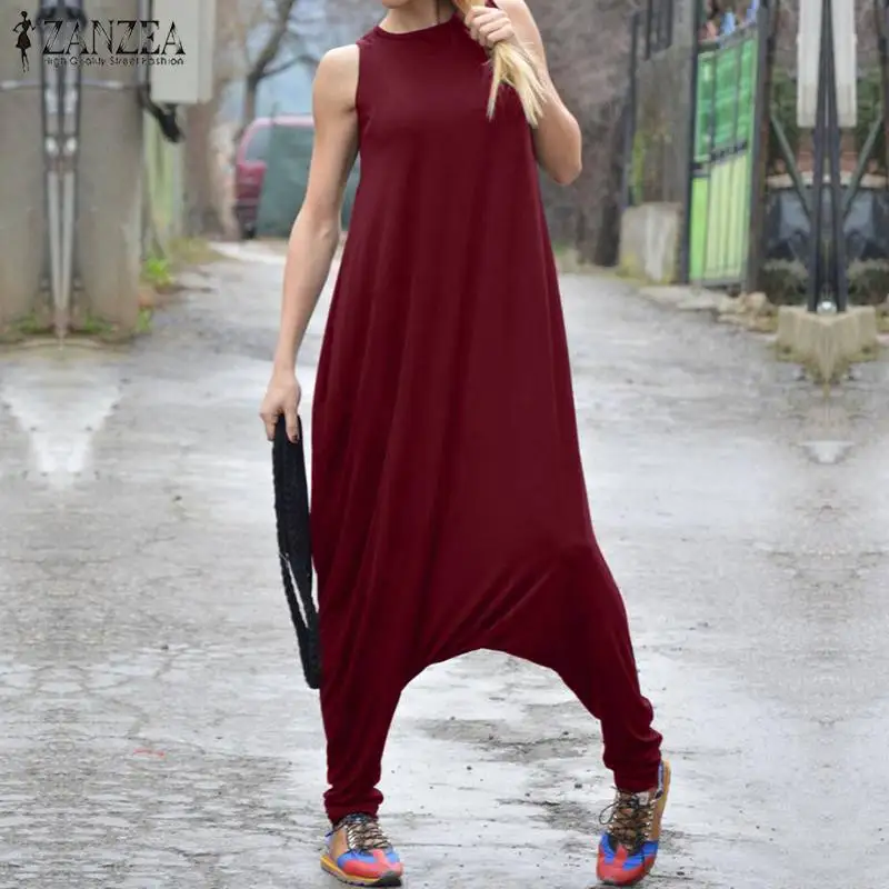 

2019 Fashion Women Jumpsuits ZANZEA Ladies Sleeveless Drop-crotch Long Harem Pants Playsuit Casual Solid Side Pockets Jumpsuit