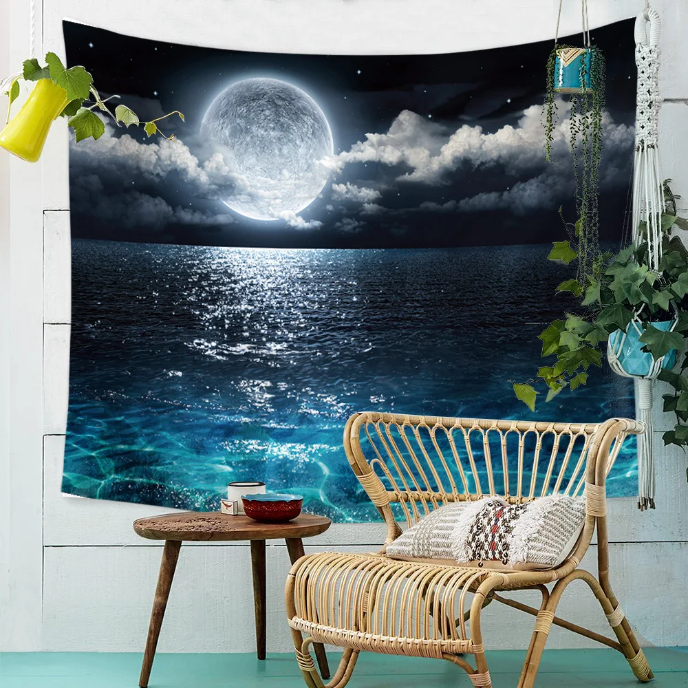 

Ocean Sea Moon Cloud Sky Printed Tapestry Wall Hanging Cloth Tapestries Large Wall Carpet Blanket Mat Bedroom Dorm Home Decor