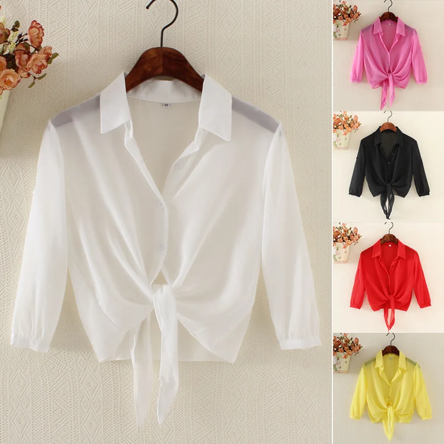 

Women Summer Thin Cardigan Sun Blouse Shirt 2019 Fashion 3/4 Sleeve Beach Short Chiffon Cover Ups Sunscreen