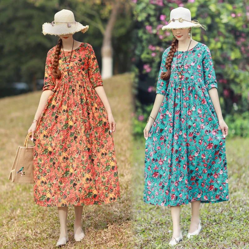 

Ethnic Women Summer Cotton Linen Floral Print Robe Maxi Dress Vestidos Mori Girl Boho Beach Holiday Loose Large Plus Size Dress