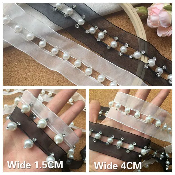 

Luxury Glitter 3D Beaded Rhinestone Chiffon Lace Fabric Ribbon Collar Neckline Trim Decorated Wedding Dress Skirts Sewing Decor