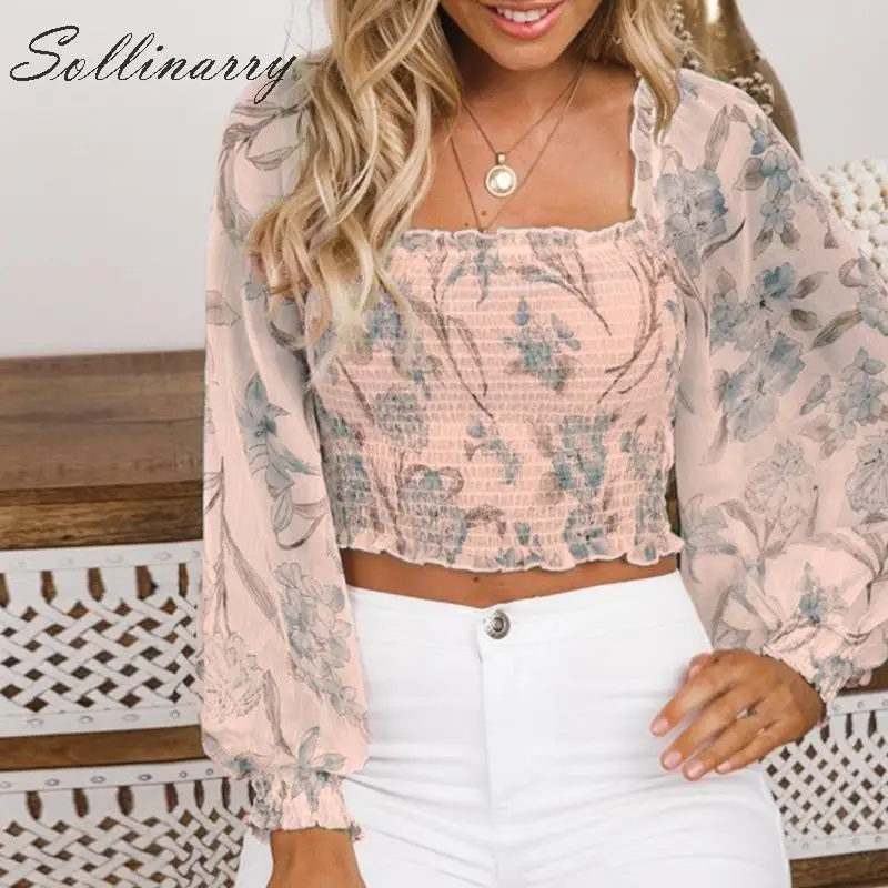 

Sollinarry Floral Chiffon Casual Boho Blouse Shirts Women 2019 High Waist Short Bohemian Shirts Summer Female Vintage Crop Tops