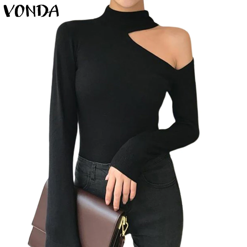 

VONDA Blouse Women Sexy Office Shirt 2019 Casual Stand Collar Solid Off Shoulder Tops Slim Fit Top Spring Blusas Plus Size S-5XL