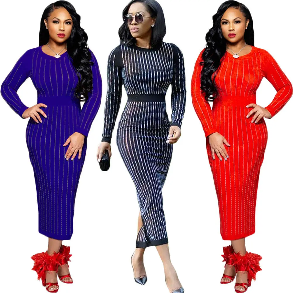 

Ladies Autumn Skinny Midi Dresses Women Spring Casual Long Sleeve O-Neck Striped Bodycon Evening Party Dresses