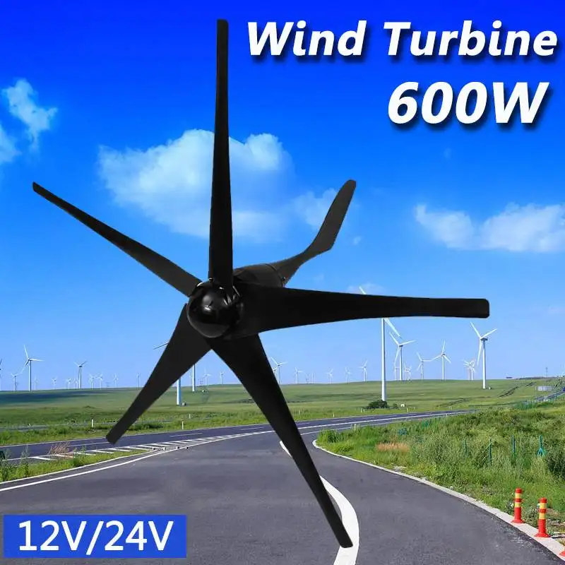 

600W 12 V 24 Volt 5 Nylon Fiber Blades Horizontal Wind Turbines Generator Power Windmill Energy Charger Kit Home Black Tool