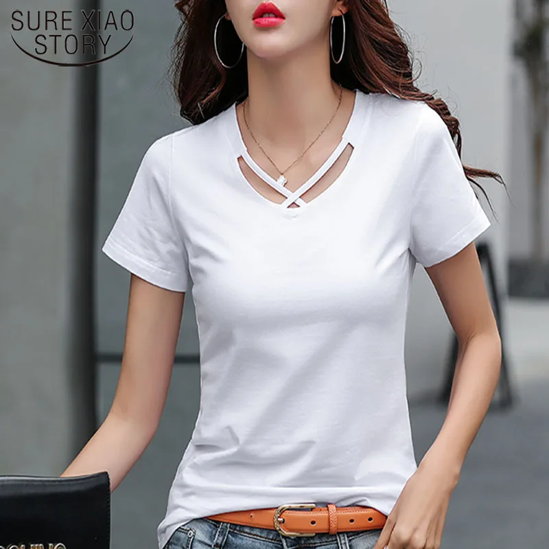 

2019 womens clothing Hole Short Solid V-Neck women tops korean clothes harajuku shirt plus size women t shirt 2576 50