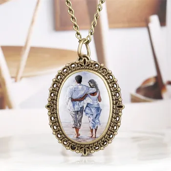

Romantic Lovers Design Quartz Pocket Watch Bronze Pendant Necklace Clock Gift for Men Women Jewelry Watches with 80cm Chain