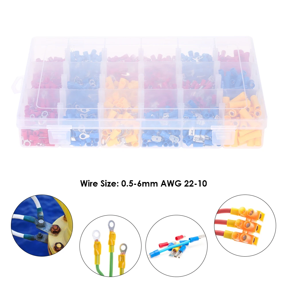 

1200PCS Assorted Insulated Terminals 10 Kinds Copper Crimp Electrical Wire Cable Connector Kit Cord Ring End Set