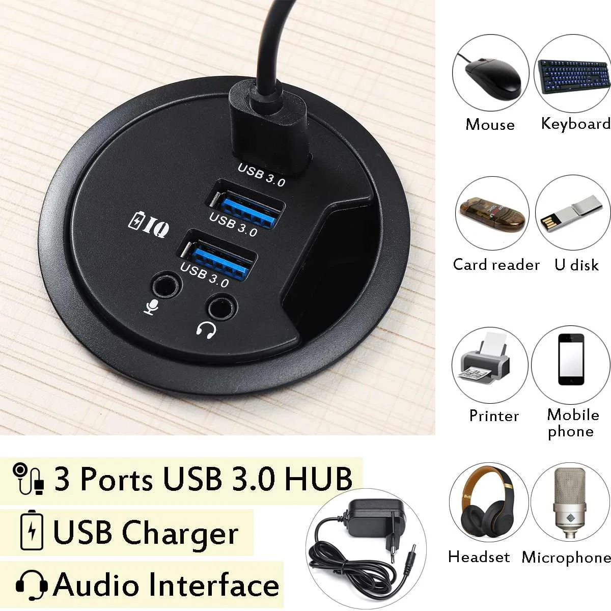 

Mount In Desk 3-Ports USB 3.0 HUB Adapter for Macbook External Stereo Sound Adapter Cable Combos Round USB Hub with EU Plug