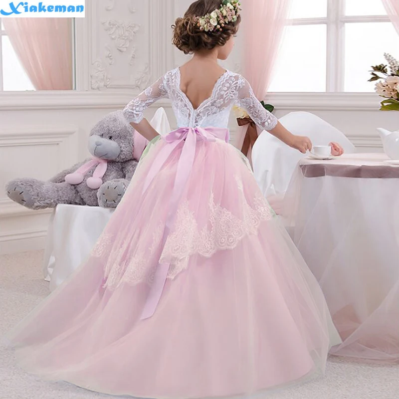 Backless Elegant Girls Dress For Weddings Girl Evening Long Lace Dresses Communion 2018 Pink Princess Pageant Party Gowns 6 14 Y | Детская