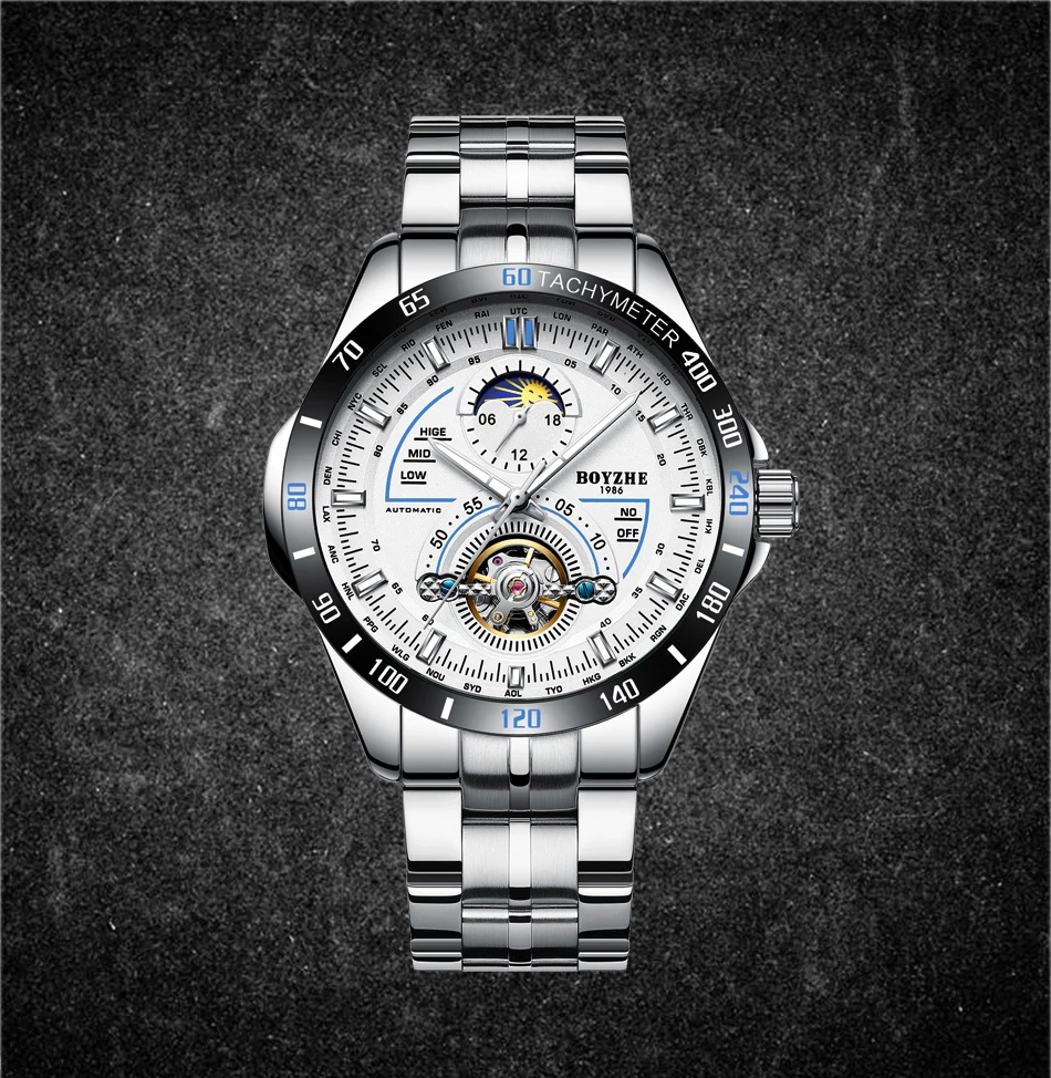 BOYZHE Mens Automatic Mechanical Fashion Top Brand Sports Watches Tourbillon Moon Phase Stainless Steel Watch Relogio Masculino
