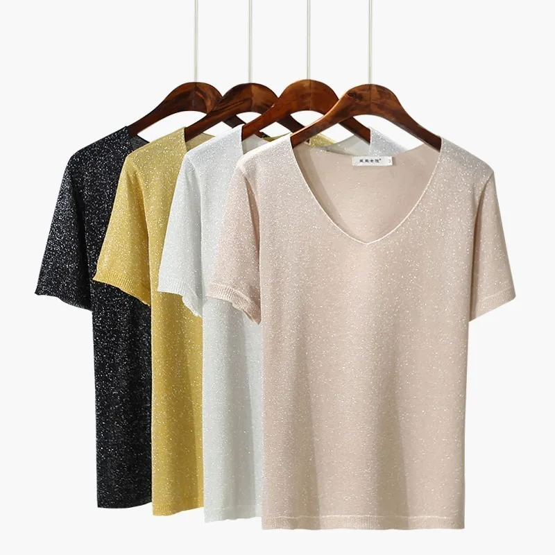 

Banulin Summer Knitted Sweater Shirt Women Casual Short Sleeves Tops Breathable Elasticity Kintwear Top V-Neck Female shirt