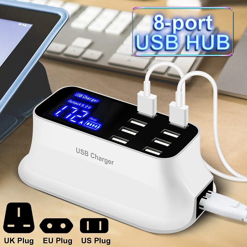 

8 Port Wall USB HUB Charger Adapter 8A Multiple USB Charger for Mobile Phone LED Desktop USB Charging Station Base EU US UK Plug