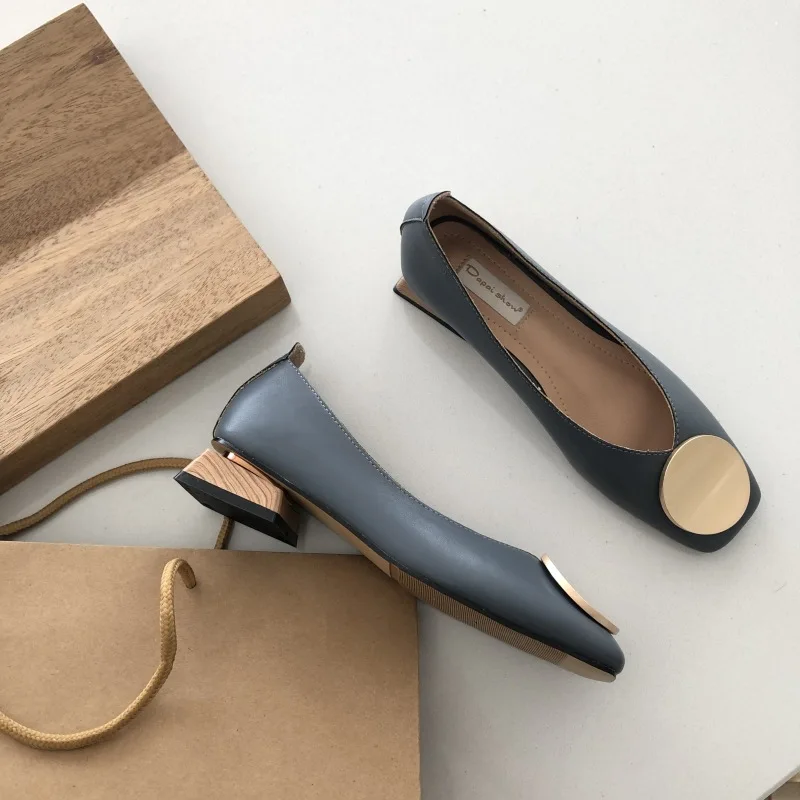 

Women Leather Shoes Square Heel Rough-heeled Middle Heel Retro Grandmother Shoes Spring 2019 New Korean Version Solid Color