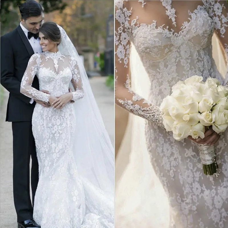 

Mermaid High Neck Long Sleeve Lace Beading Sexy Formal Bridal Wedding Dresses 2019 New Fashion Wedding Gown Custom Made