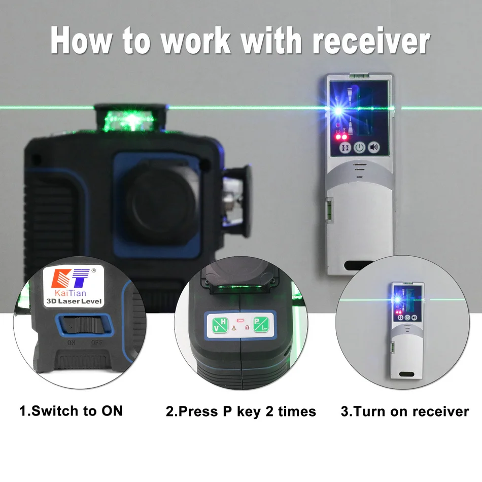 Kaitian Laser Level Tripod Green 12 Lines Self-Leveling Vertical Horizontal Powerful 360 Bracket 532nm 3D Nivel Lasers Receiver