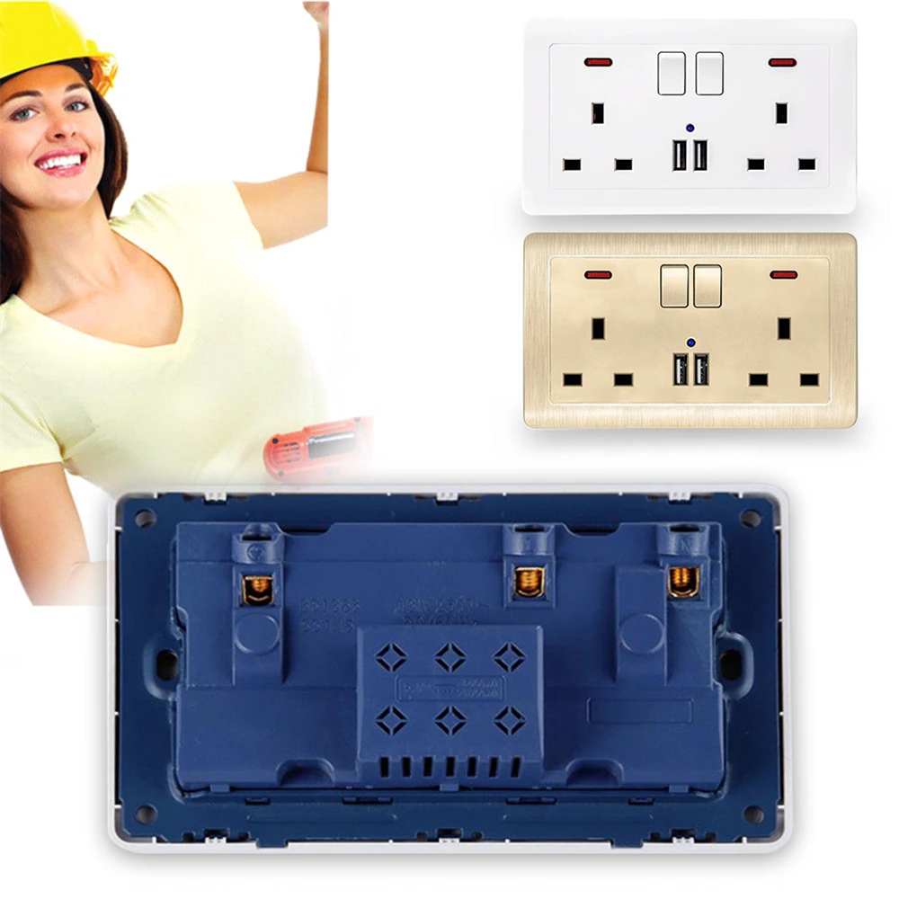 

UK Standard Power Electrical Socket Wall Charge Plug Twin Socket Dual 3.1A USB Ports Outlet with Switching Power Panel For Phone