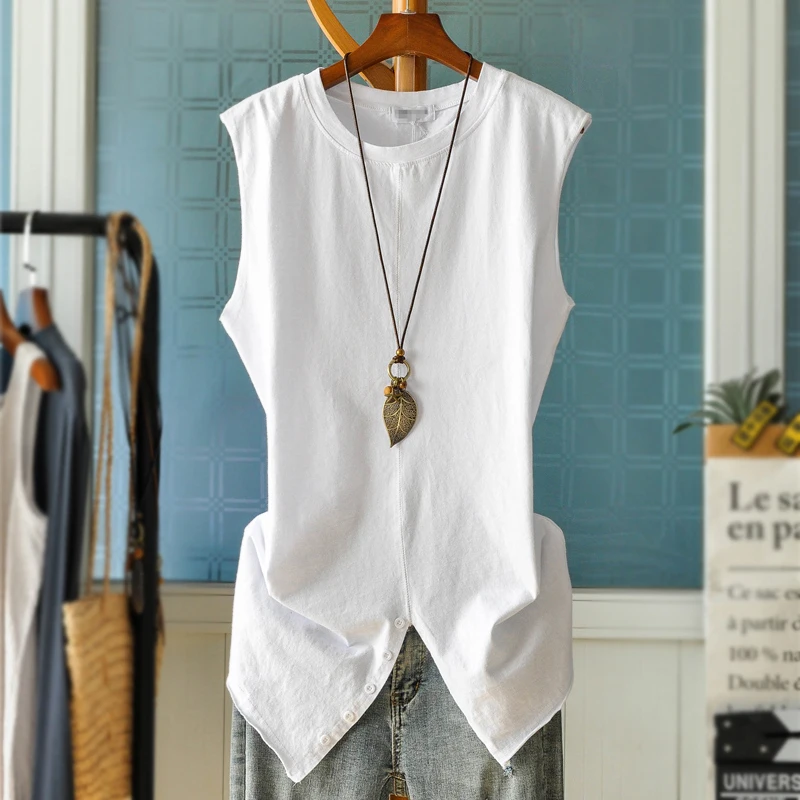 

Pure Cotton Long Fund Vest Woman Sleeveless T Pity Rendering Unlined Upper Garment 190423