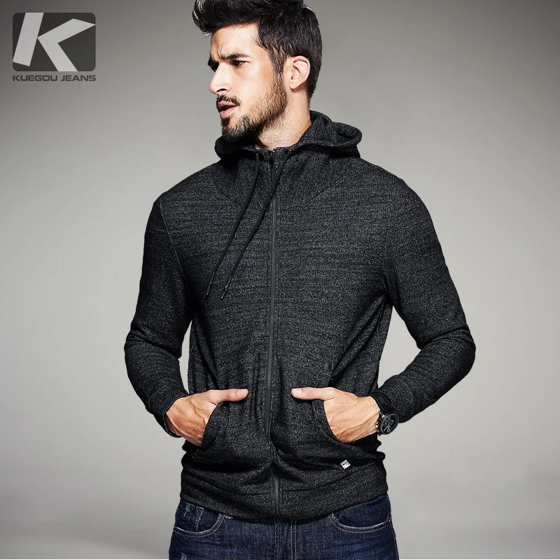 

KUEGOU Autumn Mens Casual Hoodies Thick Black Color Brand Clothing Man's Slim Fit Hooded Sweatshirts Male Wear Tracksuits 6256