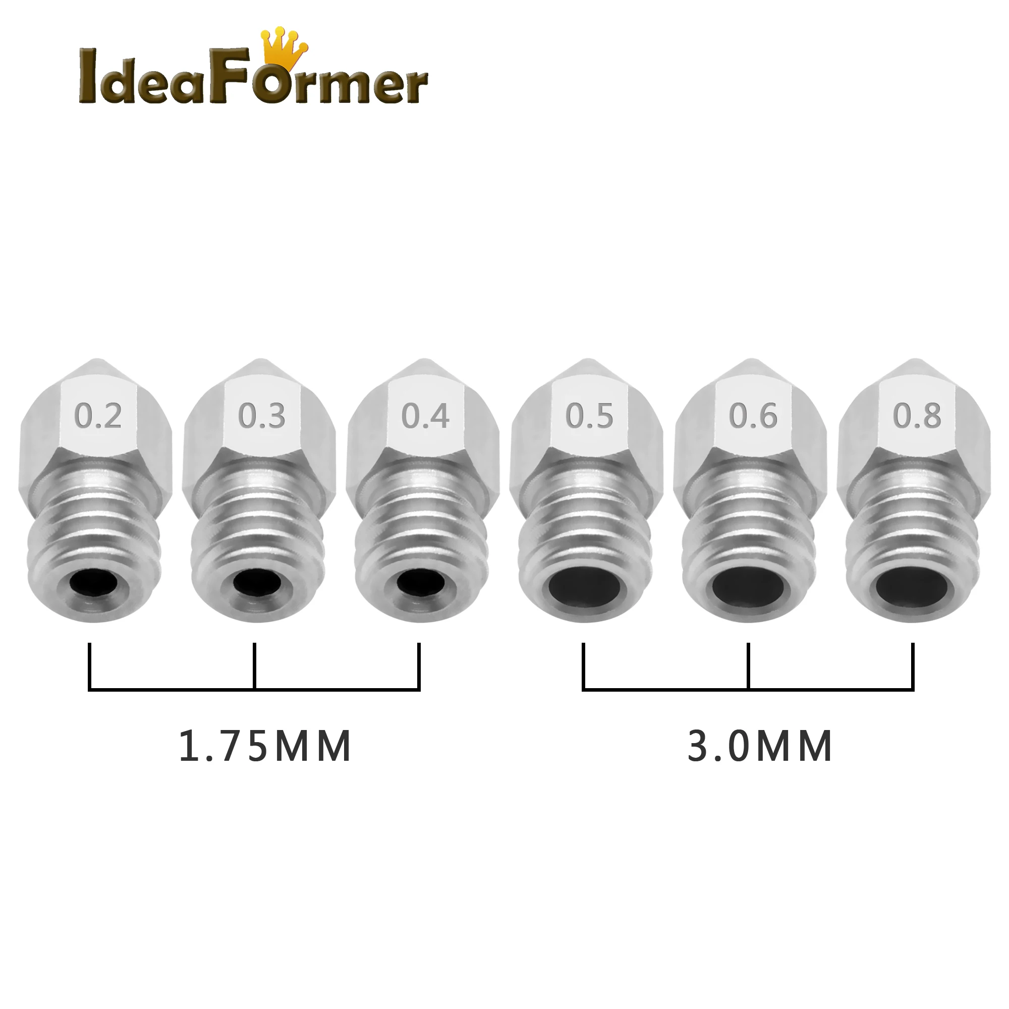 5pcs MK8 Nozzle 0.2/0.3/0.4/0.5/ 0.6/0.8mm M6 Threaded Stainless Steel for 1.75/3.0mm Filament 3D Printer Extruder Print Head