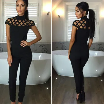 

Womens Mesh Hollow Out Playsuits Overalls One Piece Solid Zipper Sleeveless Bandage Bodycon Party Jumpsuit Romper Long Trousers