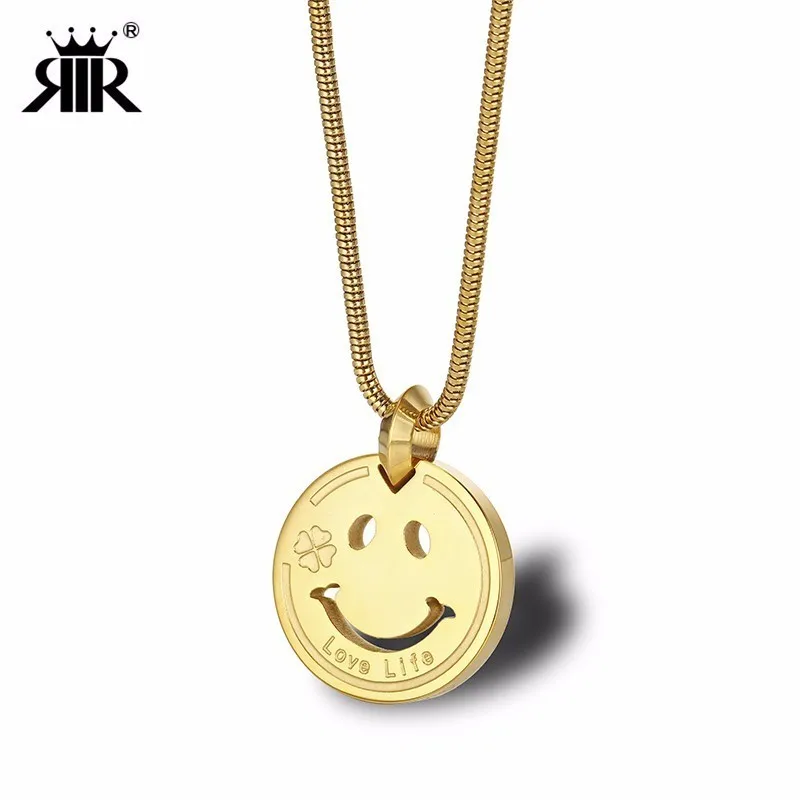 

RIR Stainless Steel Round Smiley Four Leaf Clover Pendant Necklace Creative Love Life Jewelry Necklace Give Friends Gifts