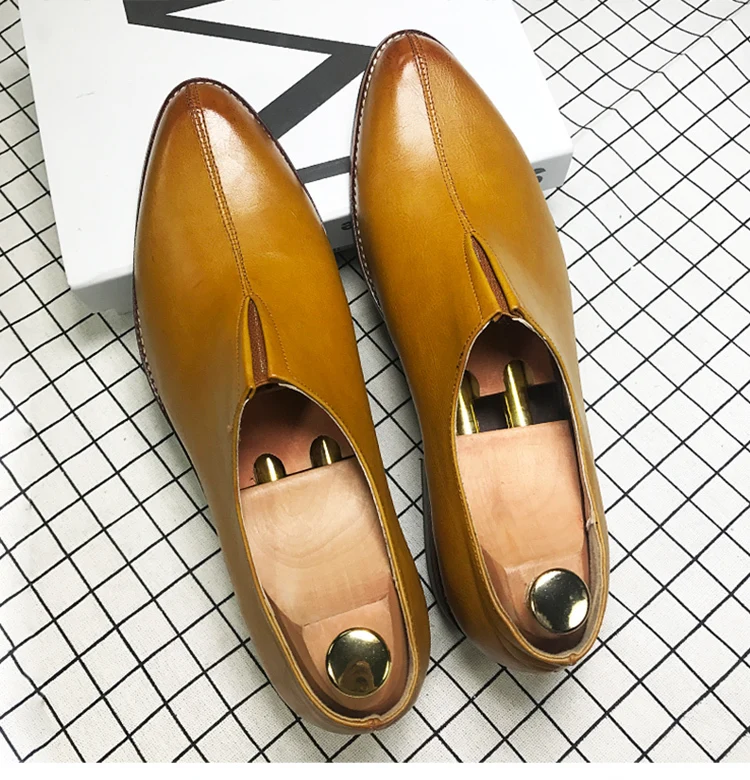 

Yellow Leather Men Oxfords Shoes Slip On V-neck Italian Mens Leather Oxfords Wedding Tuxedo Barque Mens Shoes Size 44