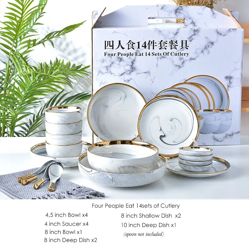 

4 People Set 14 PCS Grey Marble Ceramic Dinner Salad Noodles Dish Rice Bowl Soup Plates wholesale Dinnerware Sets hot Tableware